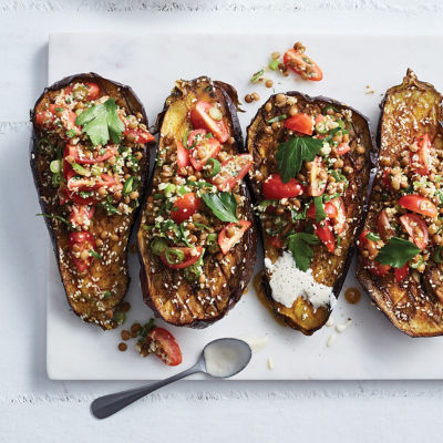 Roasted Eggplant with Herby Lentil Couscous and Tahini Dressing