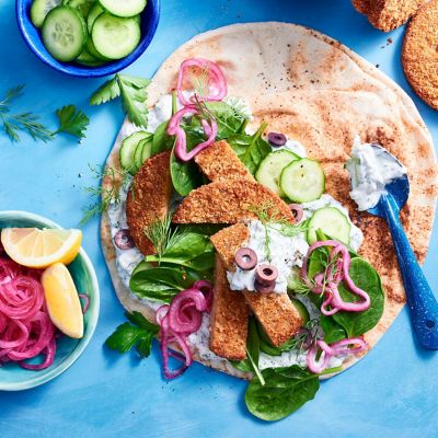 Greek Plant-based Chicken-style Pita with Tzatziki
