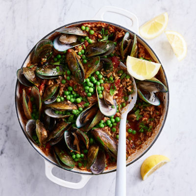 Healthier Brown Rice Paella with Mussels