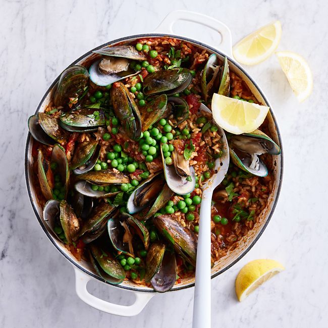 Healthier Brown Rice Paella with Mussels