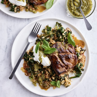 Healthier Lamb Leg Steaks with Spicy Mint Chutney and Power-greens Rice