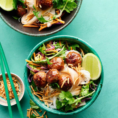 Sticky Sweet-chilli Meatballs with Noodle Salad