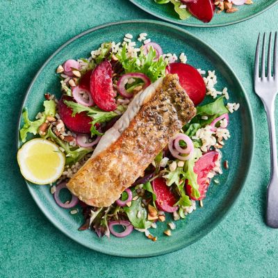Crispy-skinned Barramundi with Honeyed Plums and Warm Rice Salad