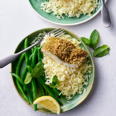 Dukkah Fish with Lemon Rice and Mint