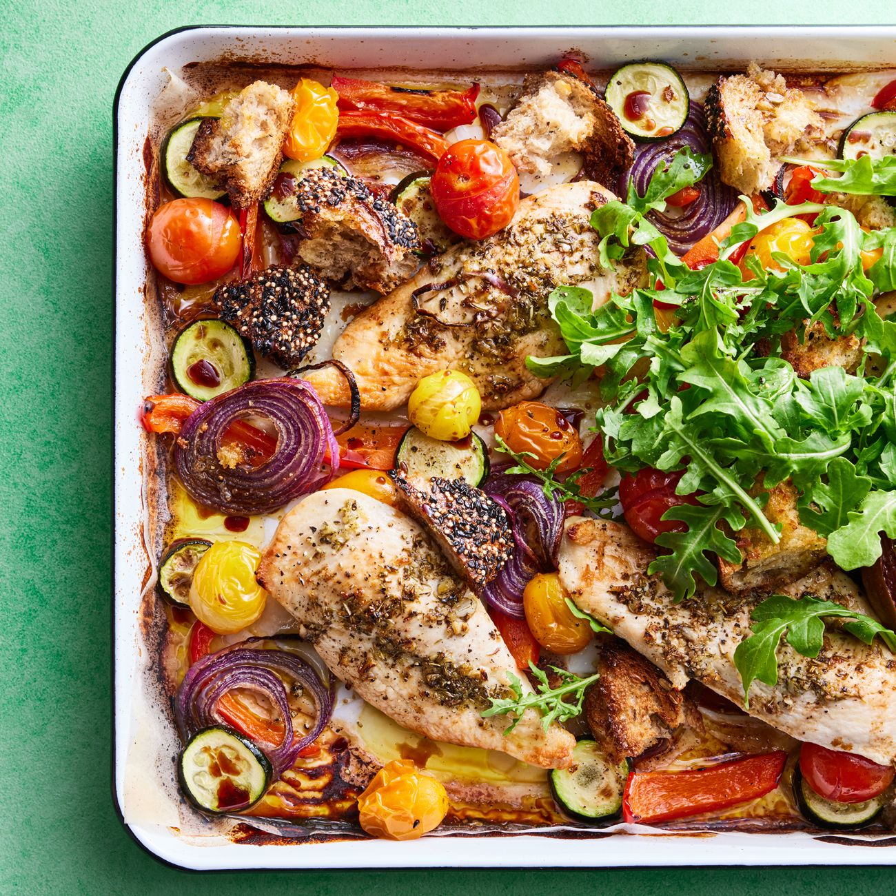 Healthier Chicken Panzanella Traybake