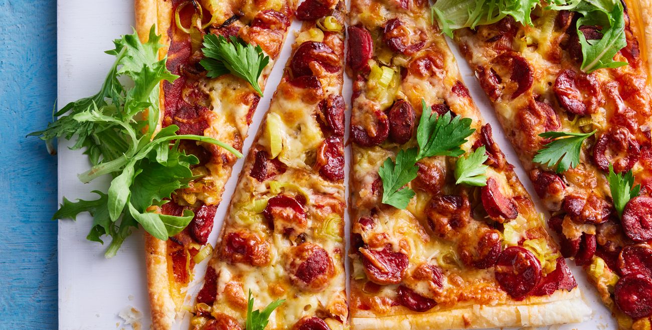 Leek and chorizo tart