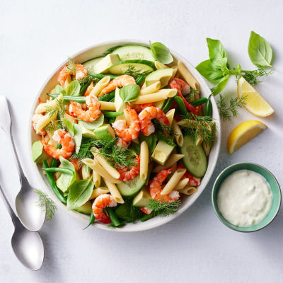 Prawn Pasta Salad with Roasted Garlic & Lemon Dressing