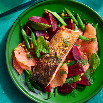 Crispy-skinned salmon with Beets, Grapefruit & Beans