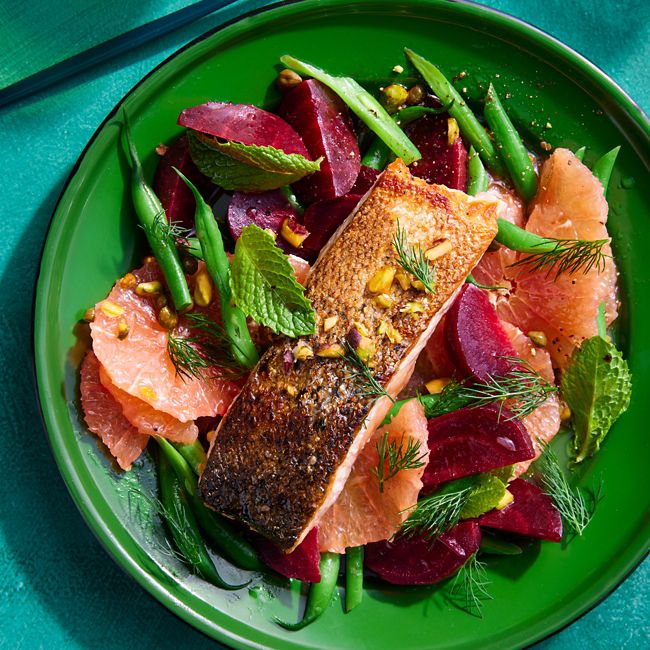 Crispy-skinned Salmon with Beets, Grapefruit & Beans