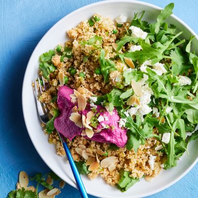 Speedy Green Vegetable Couscous with Beetroot Hummus