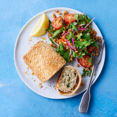 Sesame Spinach Rolls with Tomato & Lentil Salad