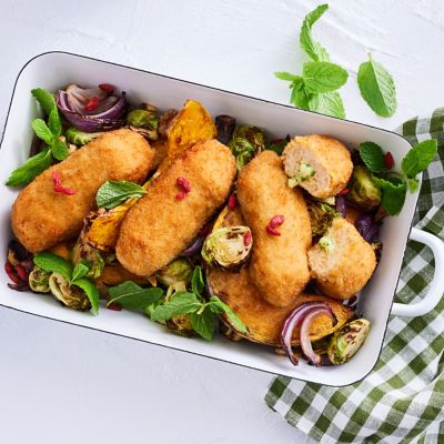 Plant-based Kiev with Sticky Roast Pumpkin & Brussels Sprouts