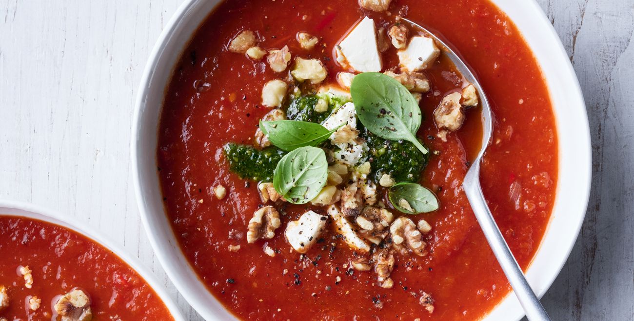 Roasted Capsicum Basil Pesto Feta Soup Recipe Woolworths