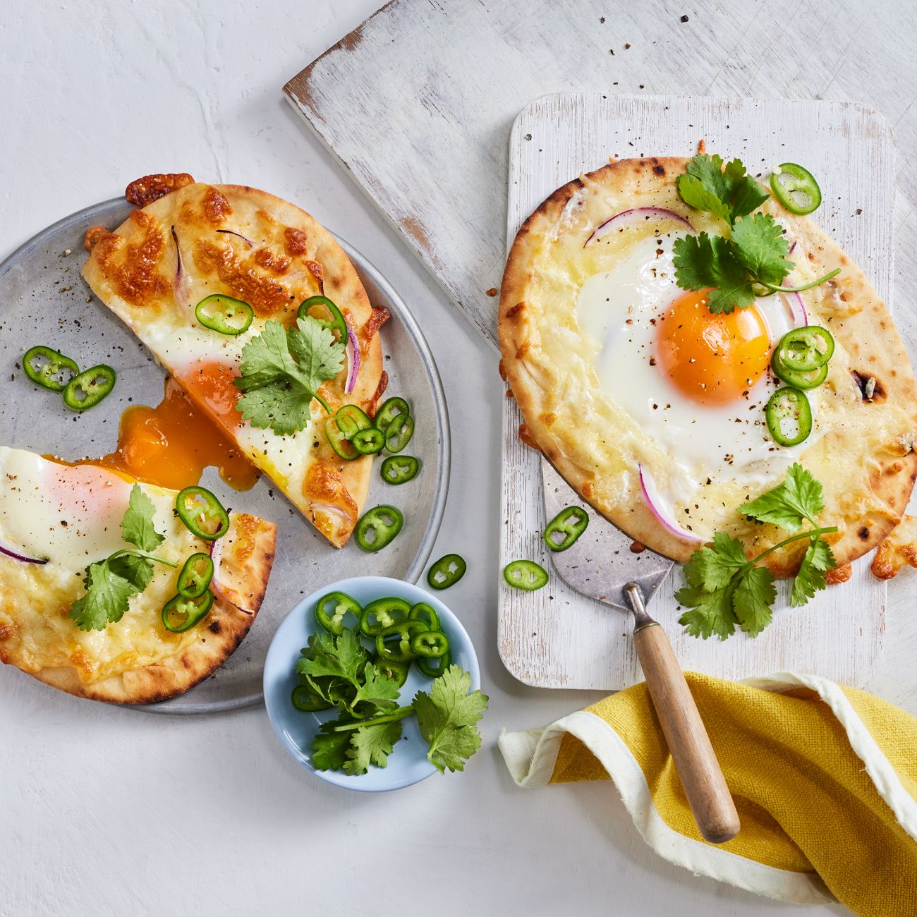 Cheesy Garlic Naan Breakfast Pizzas