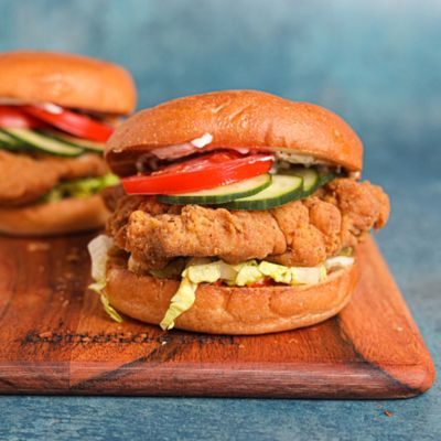 Buttermilk Chicken On Brioche with Pickled Cucumber.