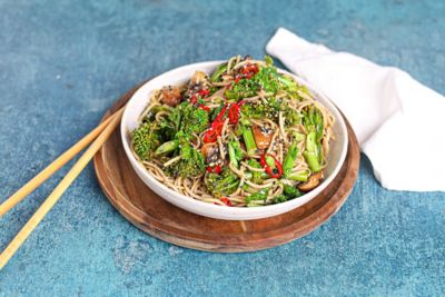 Soba Noodle Salad with Soy, Broccoli, Mushroom & Kale.