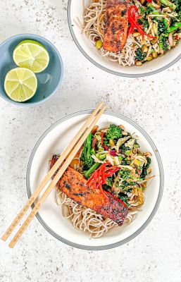 Soba Noodle Salad with Teriyaki Salmon & Asian Greens.