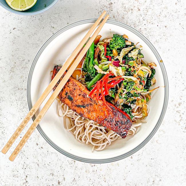 Soba Noodle Salad with Teriyaki Salmon & Asian Greens