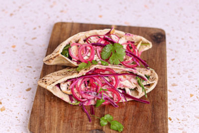 Pulled Chicken Kebab with Red Cabbage & Onions.