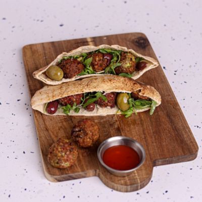 Falafel Kebab with Olives, Chilli Sauce & Garlic Mayo.