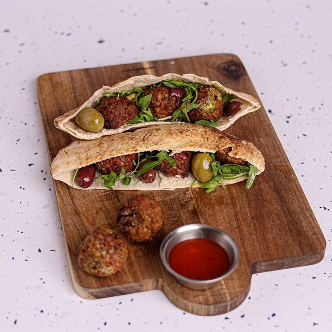 Falafel Kebab with Olives, Chilli Sauce & Garlic Mayo