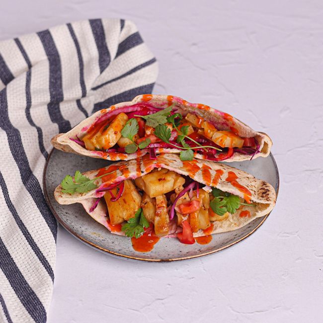 Halloumi Kebab with Sriracha, Onions & Pickles