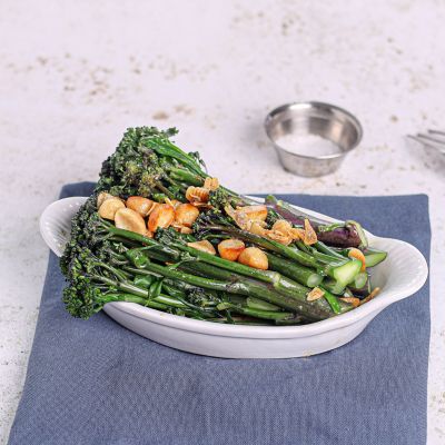 Tenderstem Broccoli with Garlic Butter & Macadamia Nuts.