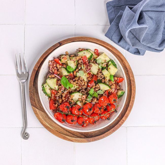 Cucumber, Quinoa & Balsamic Roast Cherry Tomato Salad