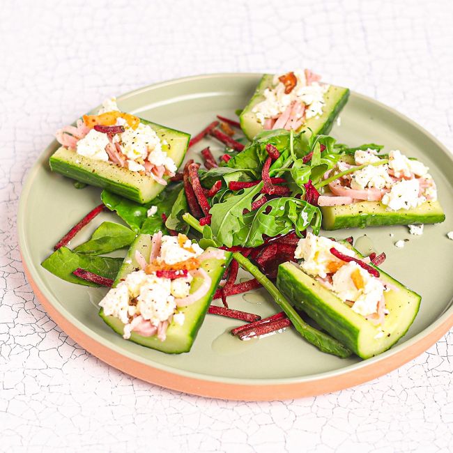 Cucumber Salad Boats with Feta & Ham
