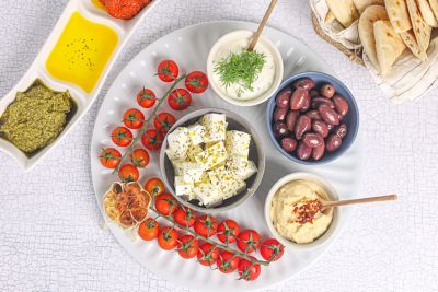 Greek Mezze Plate with Pitta Bread.