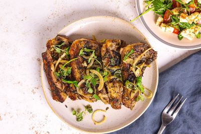 Oregano Lamb Cutlets with Feta, Rocket & Tomato Salad.