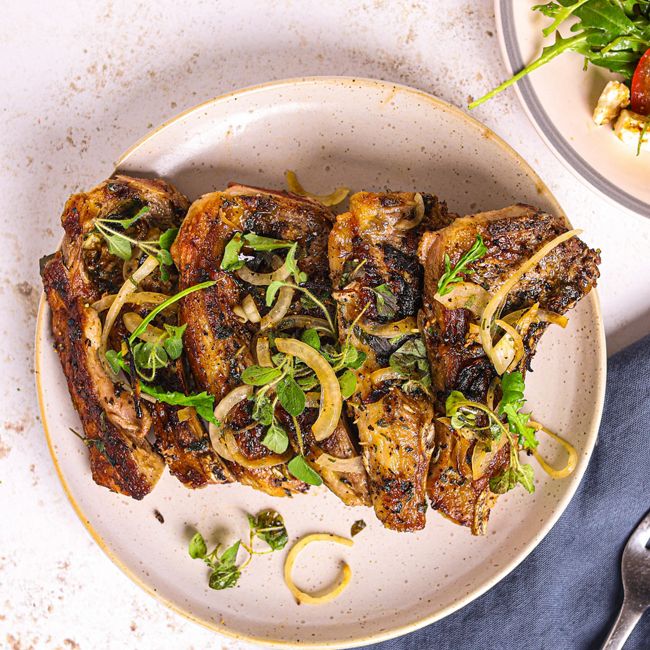 Oregano Lamb Cutlets with Feta, Rocket & Tomato Salad