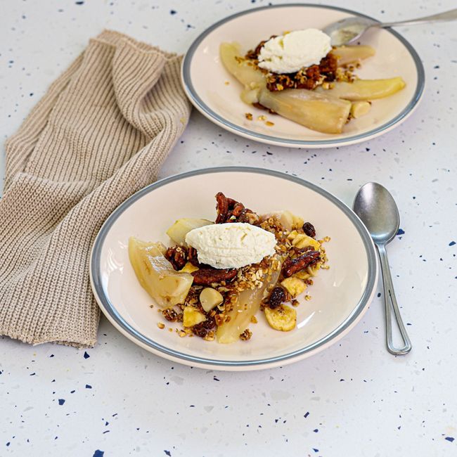Poached Pears with A Pecan Granola