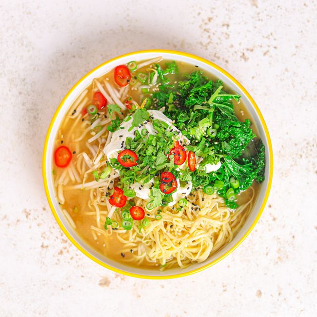 Miso Noodles with Poached Eggs, Kale & Beansprouts