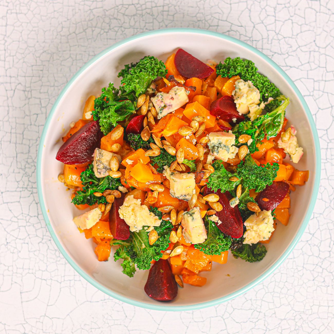 Salad with Butternut Squash Beetroot Blue Cheese and Kale