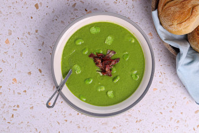 Pea & Broad Bean Soup with Crispy Bacon.