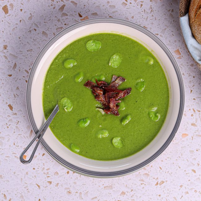 Pea & Broad Bean Soup with Crispy Bacon