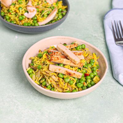 Vegan 'Chicken' Fried Rice Cooked in Coconut Oil with Mustard, Cumin & Peas.
