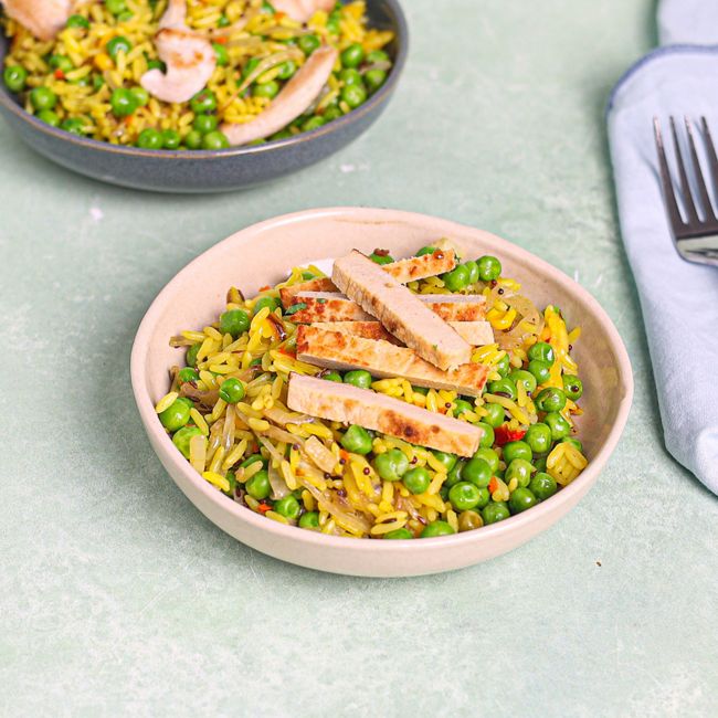 'Chicken' Fried Rice Cooked in Coconut Oil with Mustard, Cumin & Peas