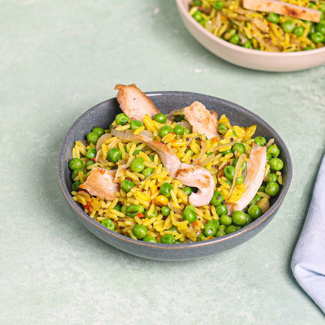 Spicy Chicken Fried Rice Cooked in Coconut Oil with Mustard, Cumin & Peas