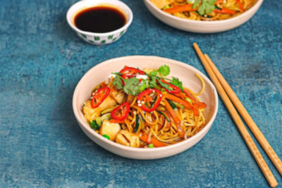 Vegan Noodle & Tofu Stir-Fry with Asian Greens.