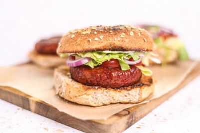 Plant Based 'Beef' Burger with Lettuce Tomato & Onion.
