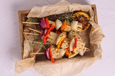 Plant Based 'Chicken' Skewers with Peppers, Onions, Rosemary & Garlic.
