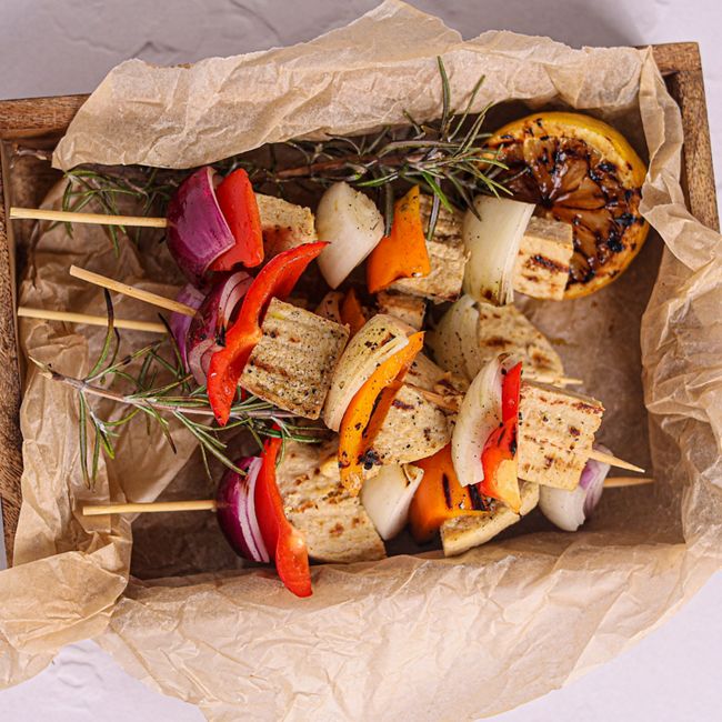 Plant Based 'Chicken' Skewers with Capsicum, Onions, Rosemary & Garlic