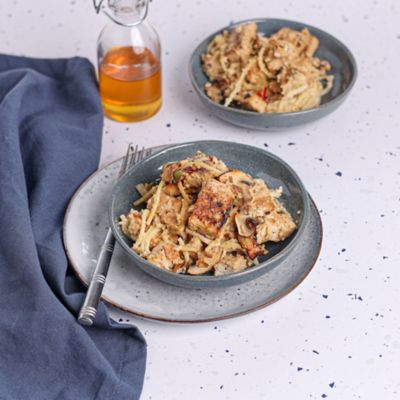 Plant Based 'Beef' with Mushroom Carbonara.