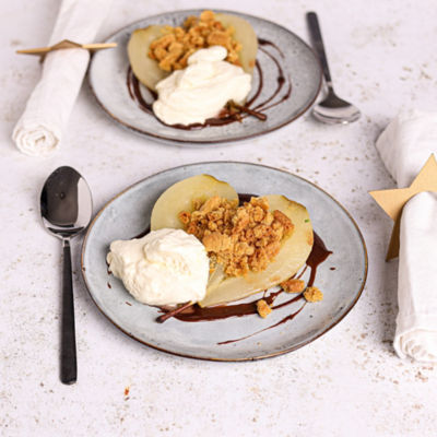 Poached Pears with Gingerbread Cookie Crumble.