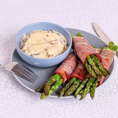 Parma Wrapped Asparagus with Mushroom Mayonnaise.