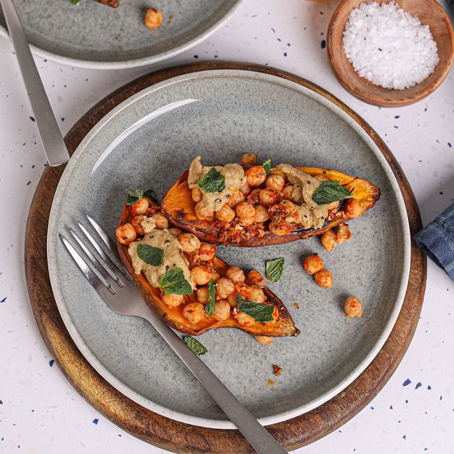 Jacket Sweet Potatoes with Chickpeas, Tahini & Mint