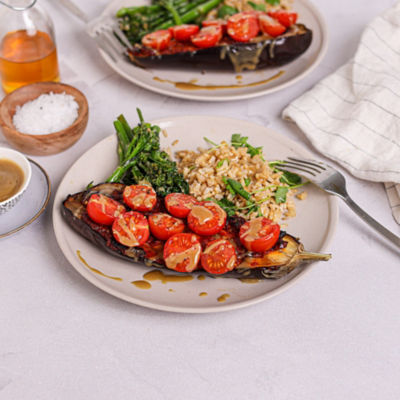Harissa Baked eggplant with Brown Rice & Broccoli