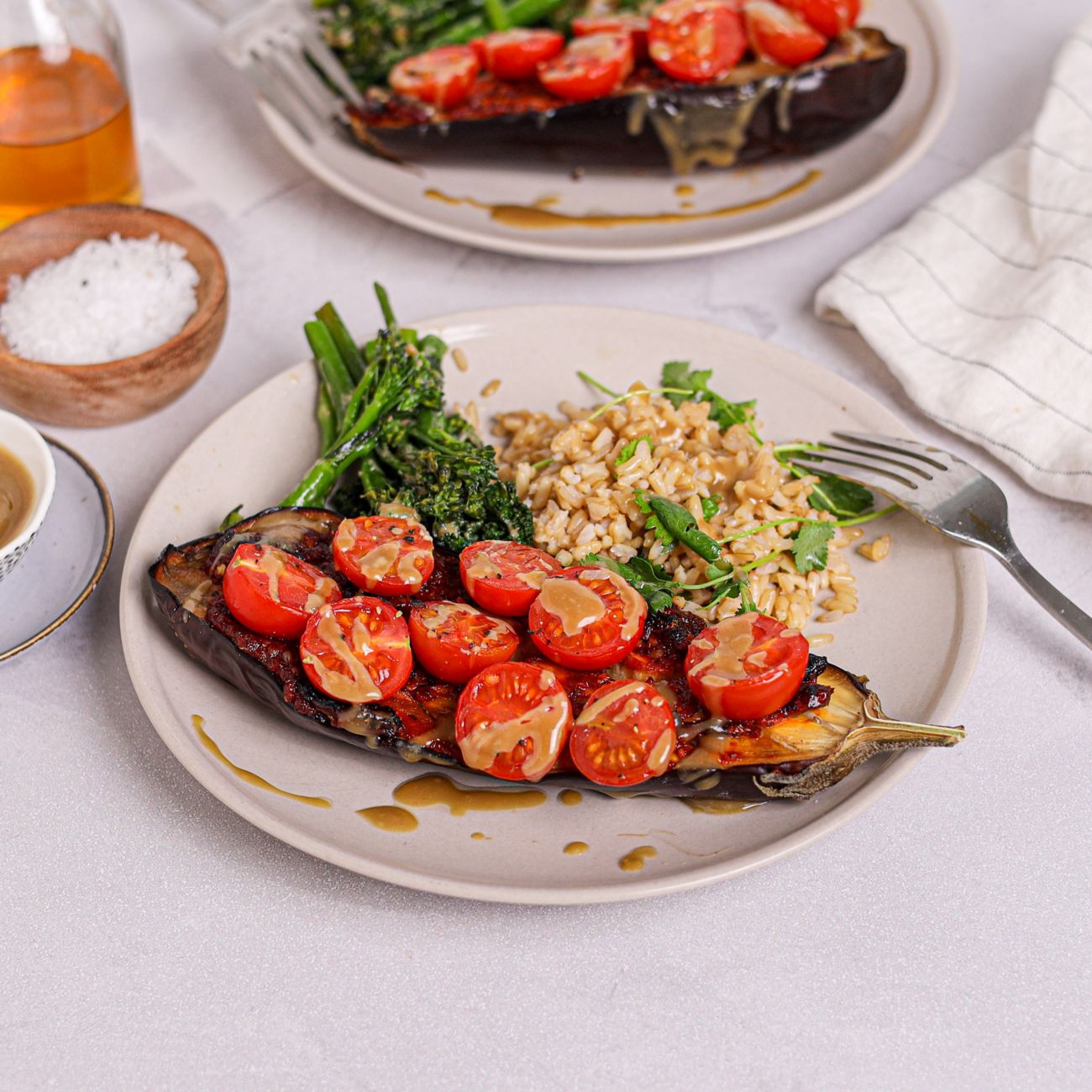 Harissa Baked Eggplant with Brown Rice & Broccoli Recipe | Woolworths